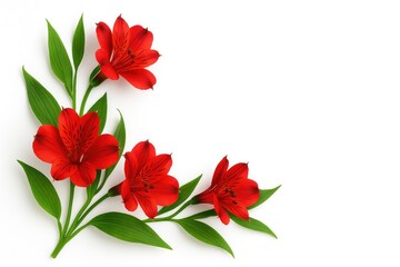 Corner placement of vivid red alstroemeria flowers on a white background