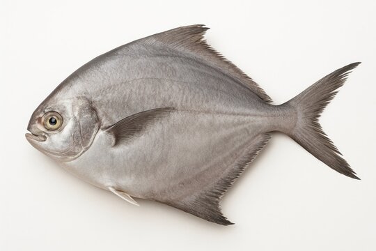 Uncooked pomfret fish set against a white background