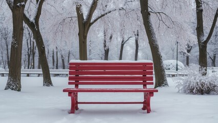Central red bench amid a wintery snowy park scene