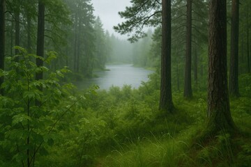 Obraz premium Rain-soaked forest scene in summer