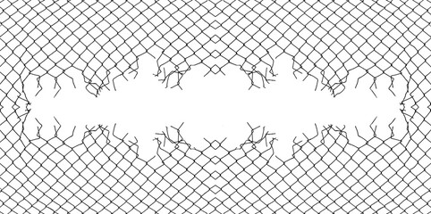Opening in metallic fence isolated on white background  breakthrough concept. metaphor. Chain-link, wire netting, wire mesh, cyclone hurricane fence. Challenge. uncertainty
