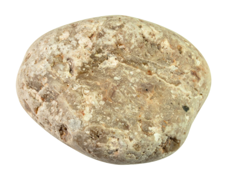 A single weathered river stone with a rough mottled texture and earthy beige and grey tones.