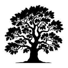 Obraz premium oak tree silhouette vector with thick branches and detailed leaves in black and white for nature and environmental design