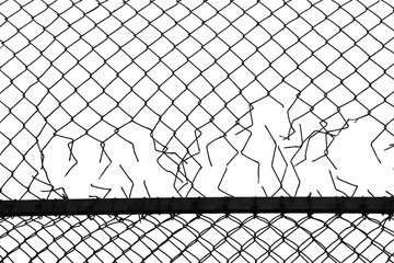 Opening in metallic fence isolated on white background  breakthrough concept. metaphor. Chain-link, wire netting, wire mesh, cyclone hurricane fence. Challenge. uncertainty