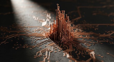 3D Render of Abstract Circuit Board with Rising Copper Traces. Futuristic Data and Artificial Intelligence Technology Background.