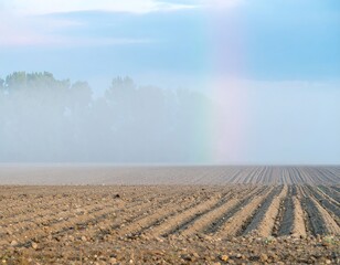 Misty field with a faint rainbow