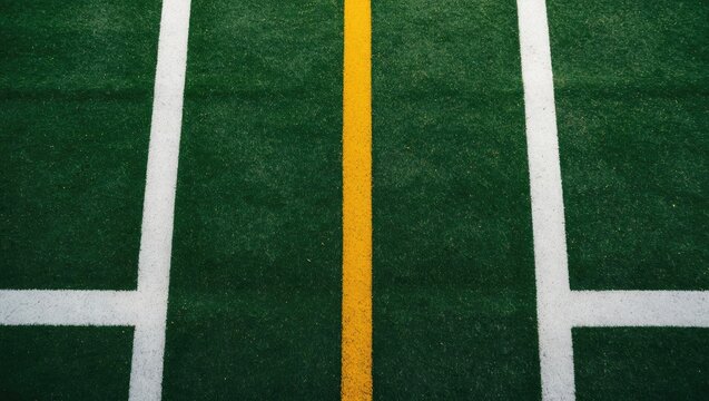 Sports field with lush green turf and contrasting white and yellow lines, highlighting a dynamic athletic environment.