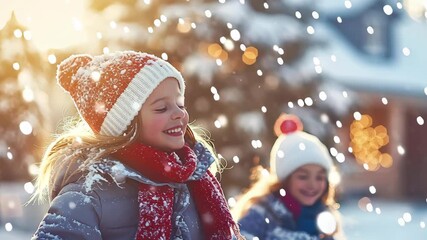 Joyful child in winter hat and scarf playing in snow outdoors on cold day with friends near house lights and falling snowflakes in bright scene - Powered by Adobe