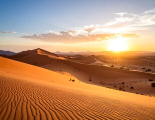 Golden hour serenity: Ripples in the sand under a pastel-painted desert sky landscapes