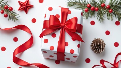 Decorative white box featuring red polka dots, a ribbon and bow, set against a white backdrop with space for customization