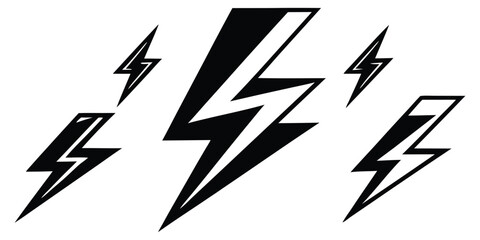 Two lightning bolt icons one outline one solid silhouette isolated on white background