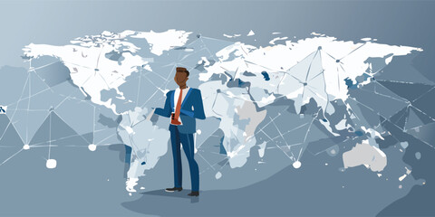 Fototapeta premium A businessman standing on a digital world map with glowing connection lines spreading across continents; symbolizes global trade, technology, and networking.