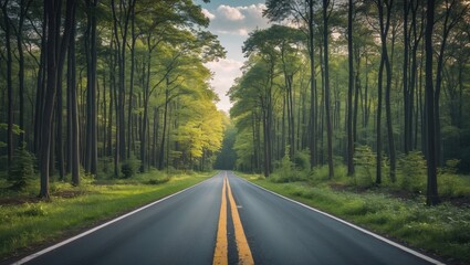 Obraz premium Tree-lined route adjacent to asphalt road