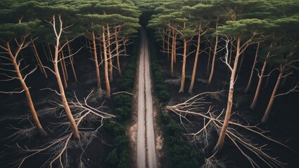 Bird's-eye view of a forest route featuring damaged trees and debris, surrounded by pines.