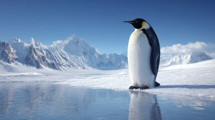 Naklejka premium An Emperor penguin stands serenely near the water with snow-capped mountains behind it