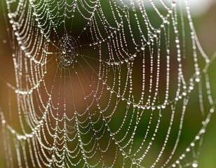 A delicate and complex spiderweb adorned with shimmering pearls of morning dew, showcasing nature's intricate design