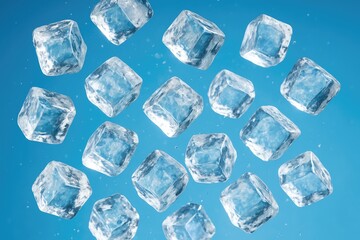 Obraz premium Motion-stilled ice cubes soaring in mid-air on a blue background, featuring abstract beverage patterns.