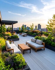 Serene Rooftop Garden with City Skyline at Sunset