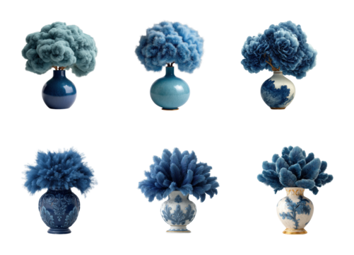 Fluffy blue floral arrangements home aesthetic PNG set, cut out, isolated on transparent background