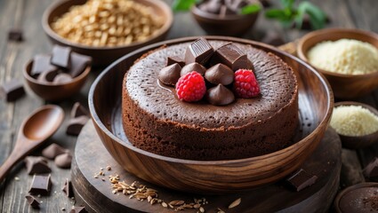 Dessert featuring chocolate cake presented in a wooden dish