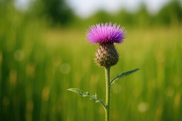 Field scene featuring a brown wild thistle flower