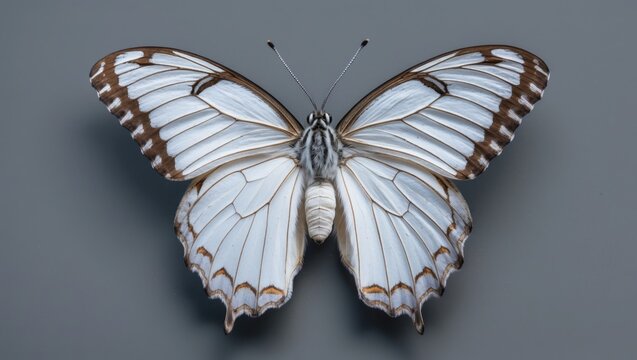 Gray background featuring the underside of the Delias belisama nakula butterfly
