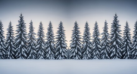 Obraz premium Pristine Winter Landscape with Symmetrical Row of Snow-Covered Fir Trees