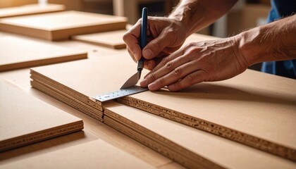 Carpenter Using Tools To Cut Wood Panels In Workshop