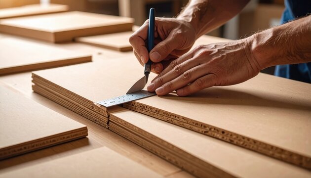 Carpenter Using Tools To Cut Wood Panels In Workshop