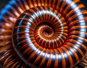 Macro photograph of a millipede coiled into a spiral shape, showing its segmented body and vibrant color