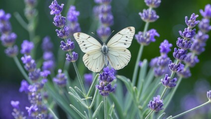 In a garden, a Cabbage butterfly is seen resting on Lavender flowers