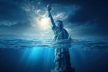 The Statue of Liberty is partially submerged in ocean water under a dramatic sky, symbolizing rising sea levels and environmental change