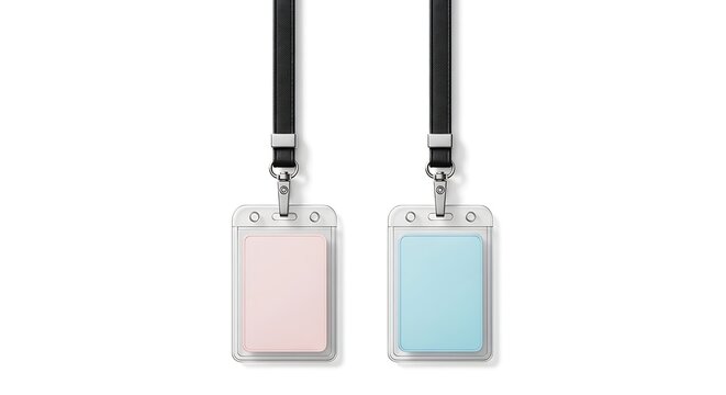 Two identity cards with lanyards in pink and blue for personal access