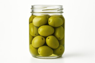 Freshly preserved green olives in a transparent container on a white surface