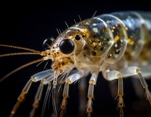 Intricate macro view of a translucent aquatic invertebrate, showcasing its delicate segmented body, multiple limbs, and striking compound eyes against a dark, mysterious backdrop