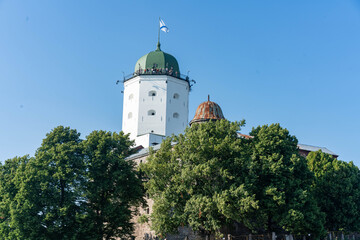St. Olav's Tower, part of Vyborg Castle in Russia, rising above the trees on a sunny day