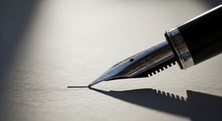 Fototapeta premium Close-up of a fountain pen nib poised over paper. The nib's metal is gleaming, casting a shadow on the light-gray paper. A faint line is visible on the paper