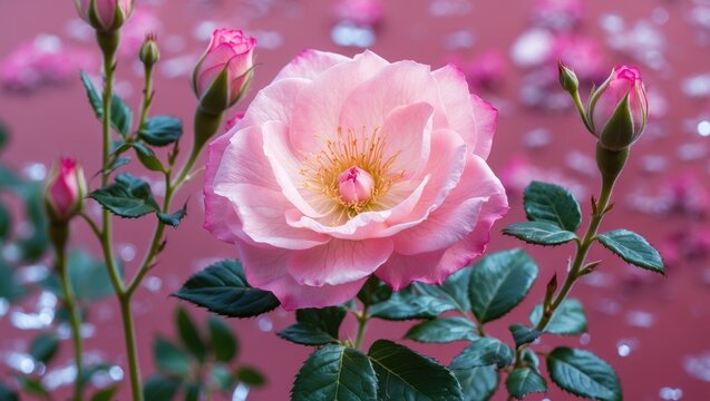 Bright pink flower of bignonia alongside desert rose flora