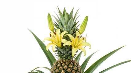 Tropical plant with yellow blossoms and green leaves on a white background