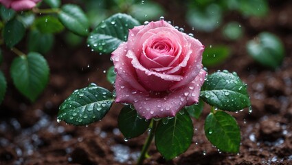 A dewy pink rose blossom in a lush summer garden, surrounded by out-of-focus foliage and earth