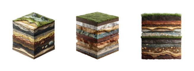 Exploring soil layers in cubes nature digital aerial view PNG set, cut out, isolated on transparent background