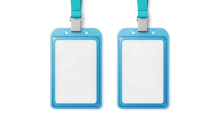 Obraz premium Close-up of two light blue plastic badge holders with teal lanyards isolated on white