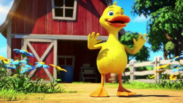 A happy cartoon duck waving in front of a rustic red barn with blue flowers