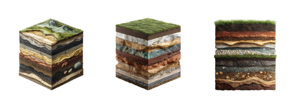 Exploring soil layers in cubes nature digital aerial view PNG set, cut out, isolated on transparent background