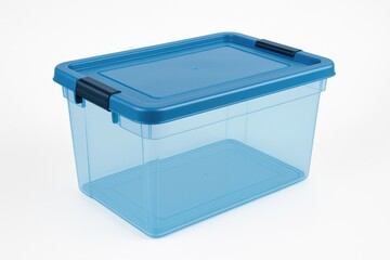 Photographs showcasing a blue plastic storage bin on a plain white surface