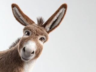 A smiling donkey with long ears rendered in ultra detailed 8k 3D peers curiously into the camera, its fur finely textured and its expression gentle and engaging.