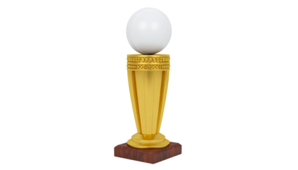 golden cricket trophy with wooden base and white ball on top, isolated on transparent background