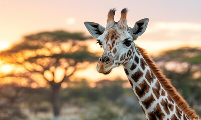 Obraz premium Close-up of a giraffe at sunset. A young giraffe, facing the camera, is centered in the image. Its spotted coat and long neck are prominent