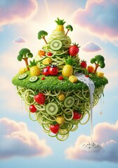 Photo of a whimsical fantasy food island made of fresh vegetables and fruits, including zucchini noodles, strawberries, kiwis, and pineapples, floating in a dreamy sky with clouds