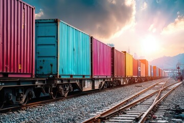 Fototapeta premium Colorful freight containers on a train track at sunset, symbolizing transportation and global logistics